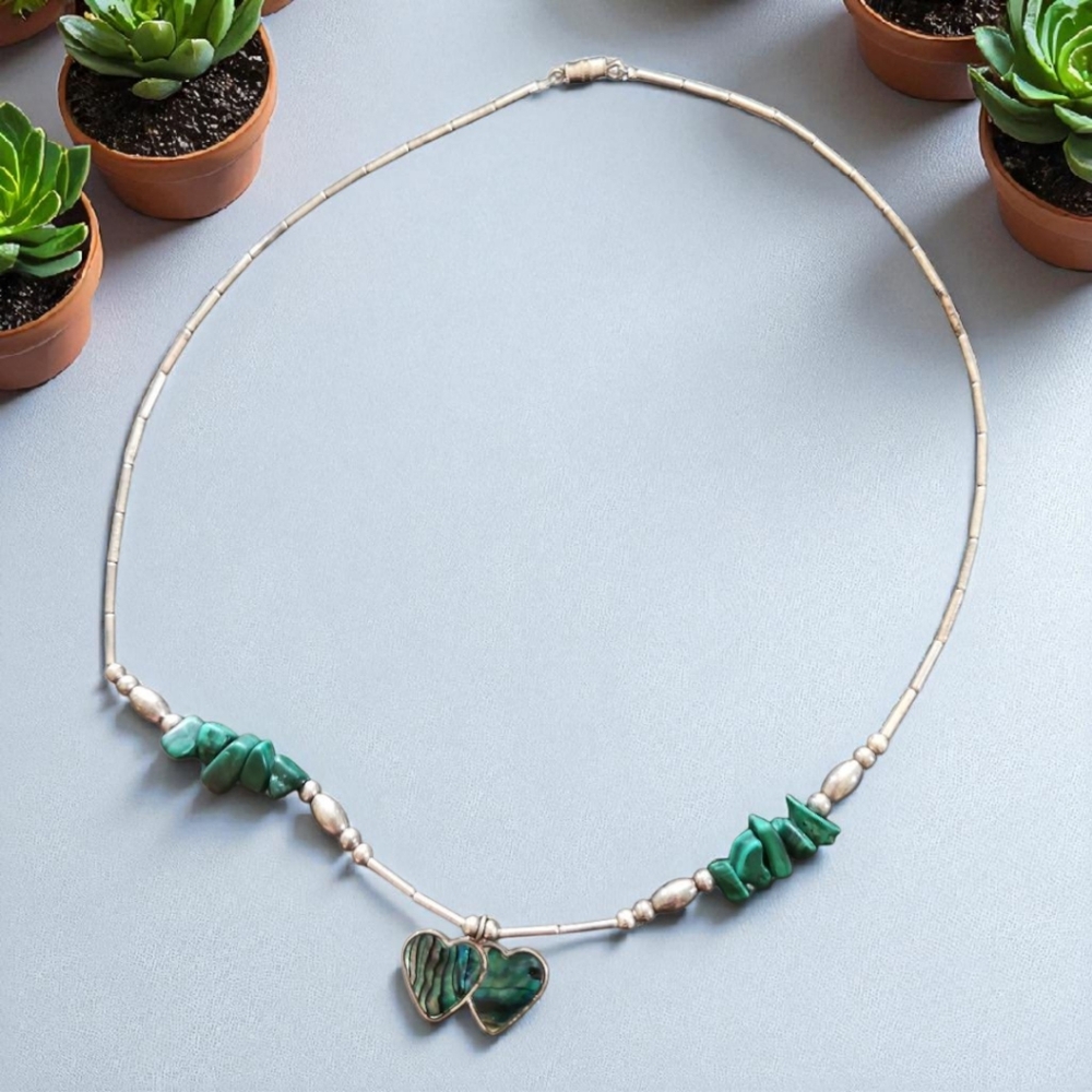 Malachite Beaded Double Heart Necklace Green and Silver-Tone